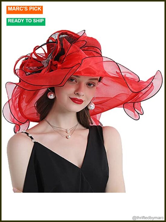 Organza Fedora Hat with Floral Decoration Wide Brim Adjustable Sun Protection